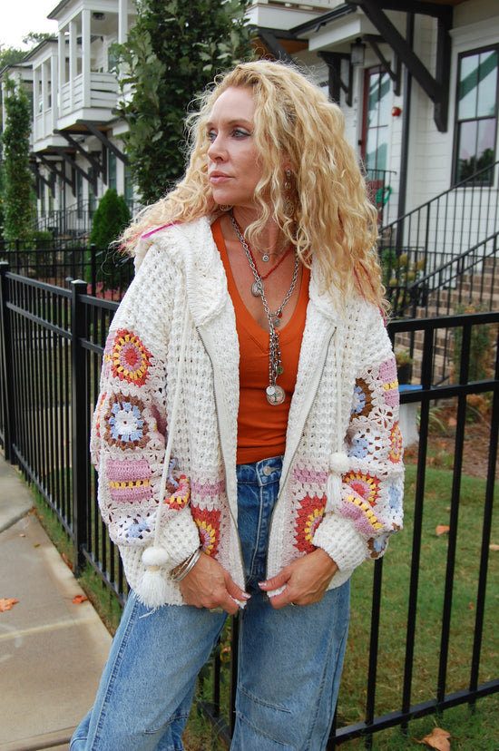 The Teddy Crochet Zip Up in Powder Beige