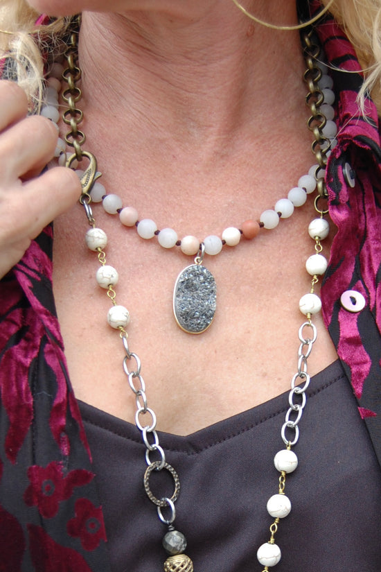 Spirit Lala Vintage Coin: Beaded Silver Druzy Pendant Necklace