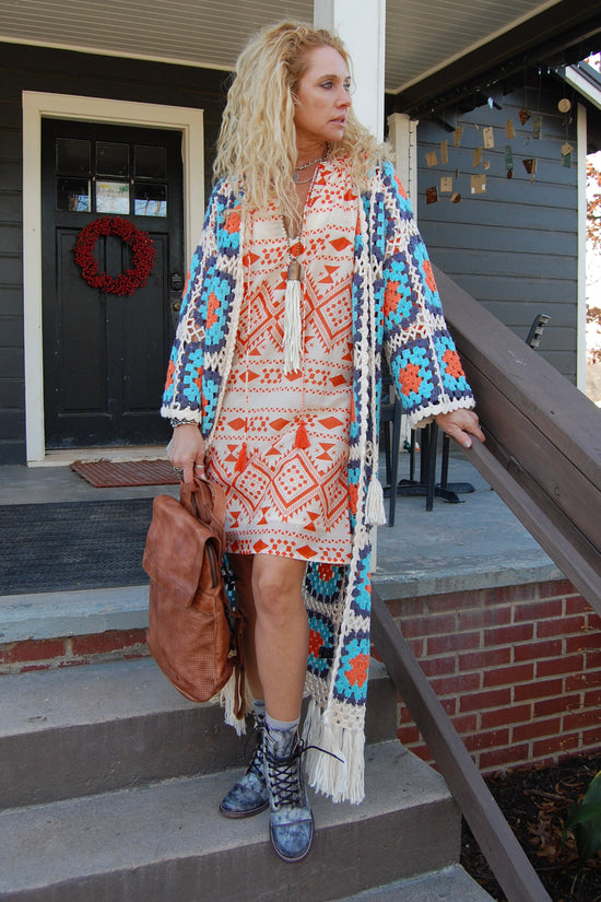 Kendra Knit Crochet Cardi in Beige/Blue Multi