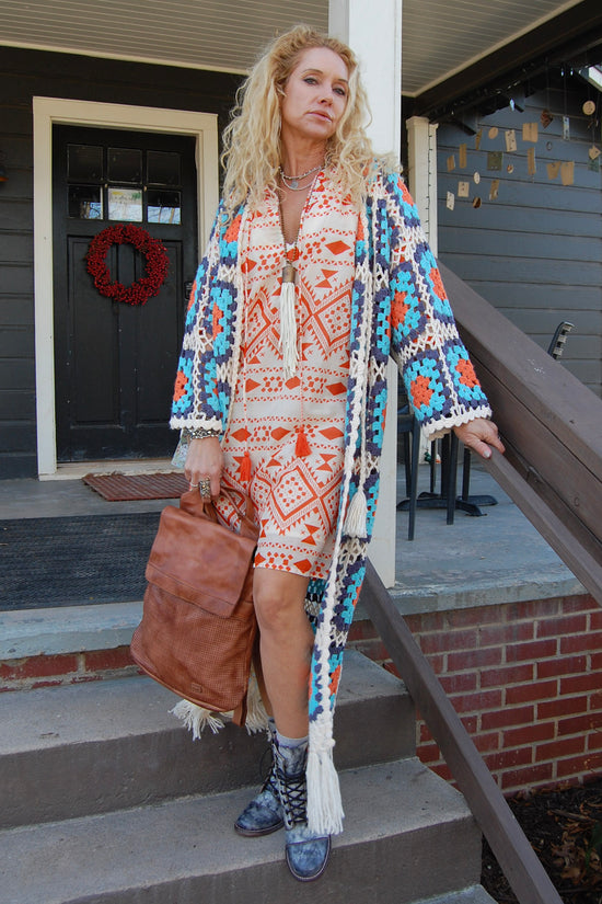 Kendra Knit Crochet Cardi in Beige/Blue Multi