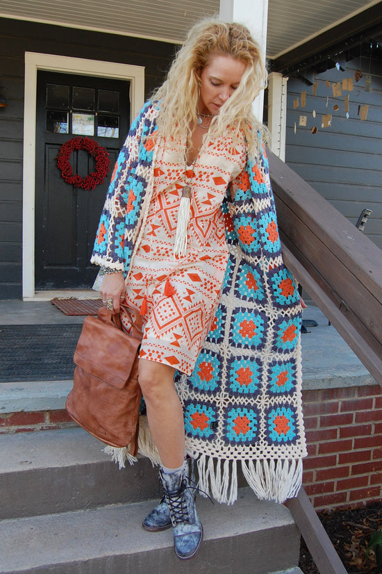 Kendra Knit Crochet Cardi in Beige/Blue Multi