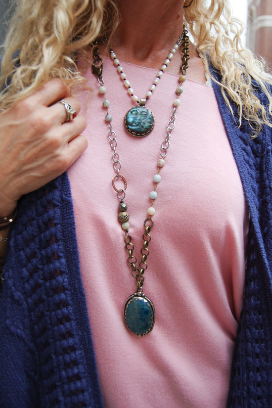 Spirit Lala Vintage Coin: Statement Long Soldered Gemstone Pendant Necklace in Blue Jade