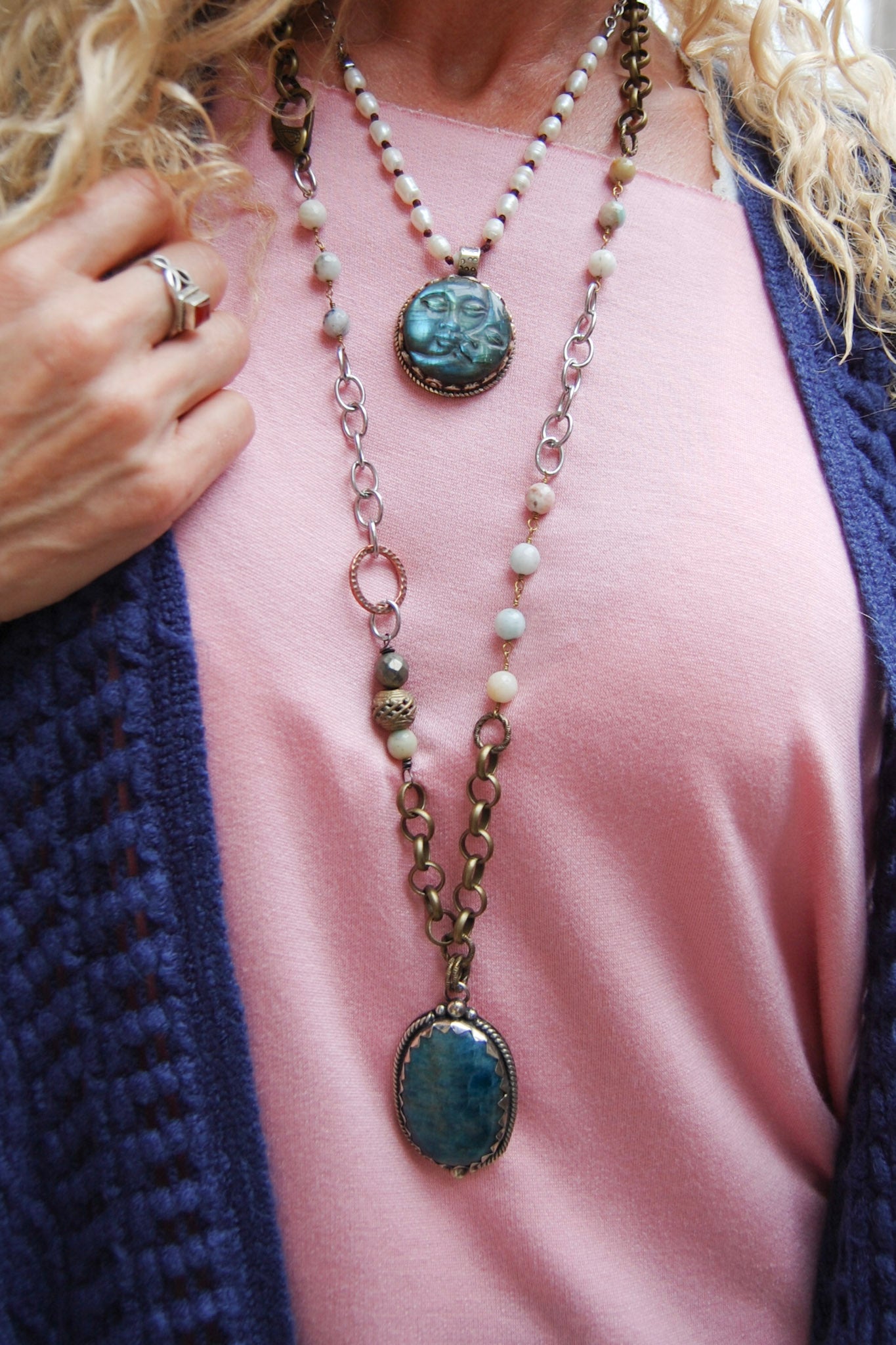 Spirit Lala Vintage Coin: Statement Long Soldered Gemstone Pendant Necklace in Blue Jade