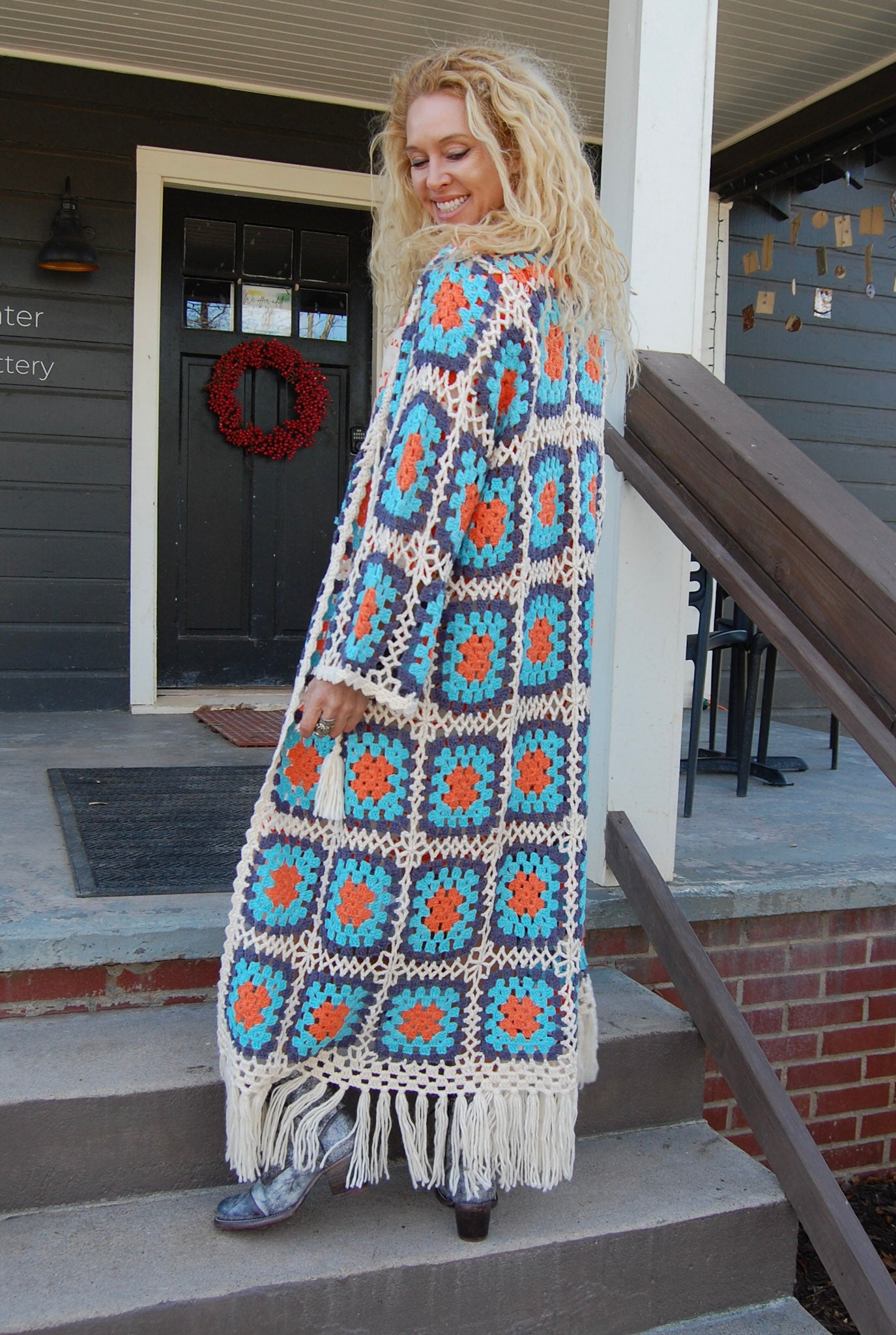 Kendra Knit Crochet Cardi in Beige/Blue Multi