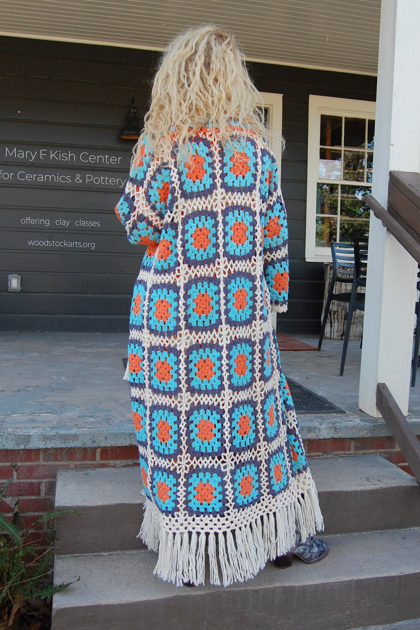 Kendra Knit Crochet Cardi in Beige/Blue Multi