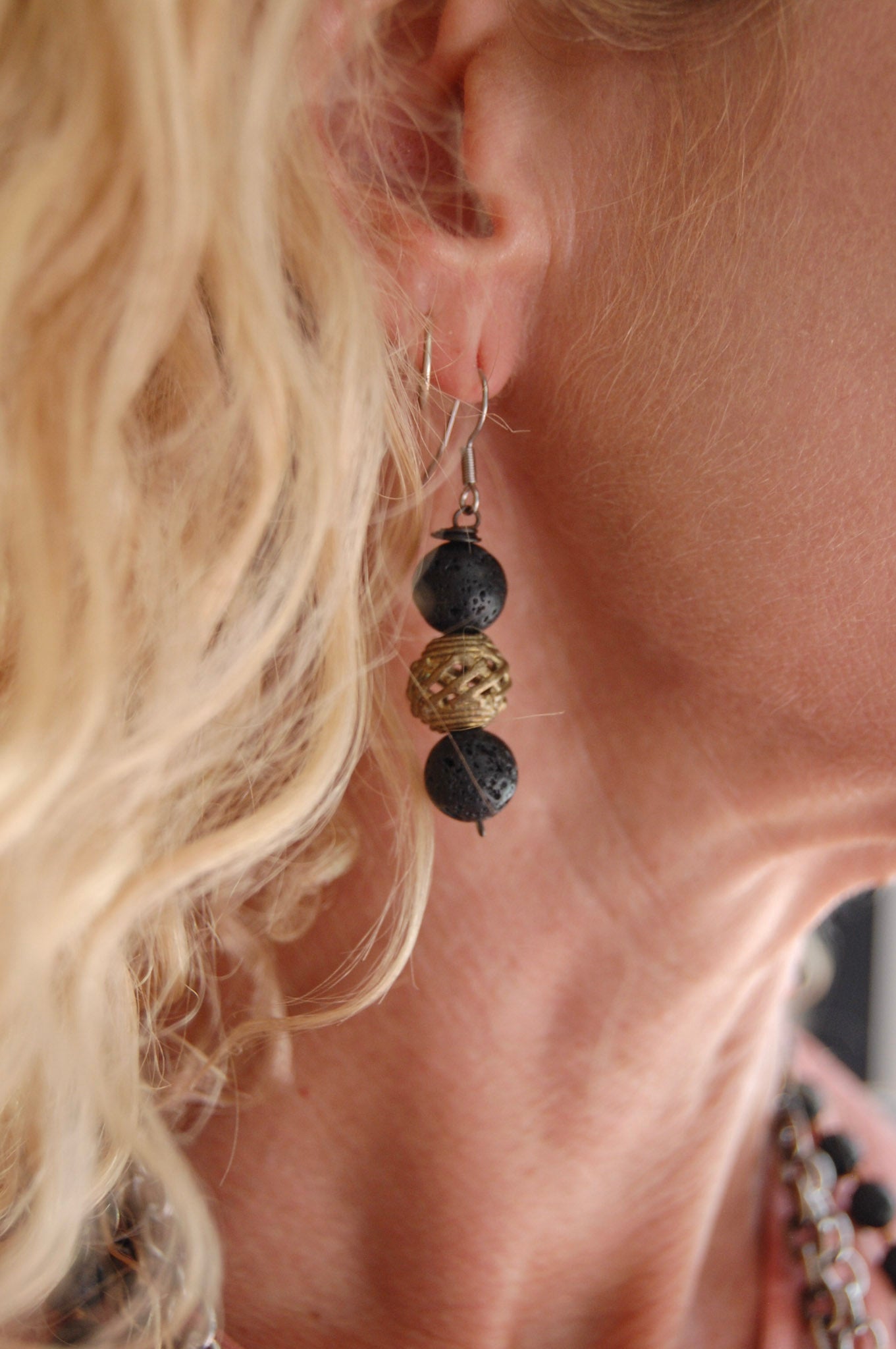 Spirit Lala Vintage Coin: Lily Lava Stone & Brass Beaded Earrings