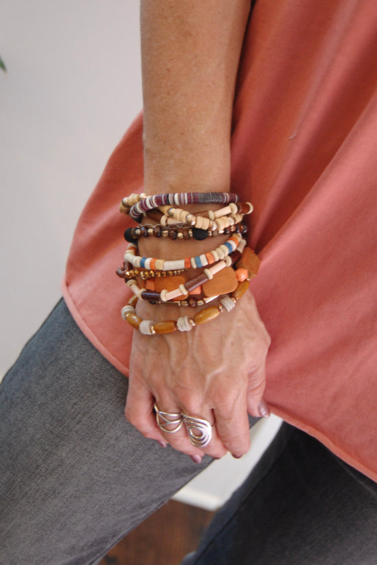 Chunky Mix Gemstone Beaded Bracelets in Mix Wood