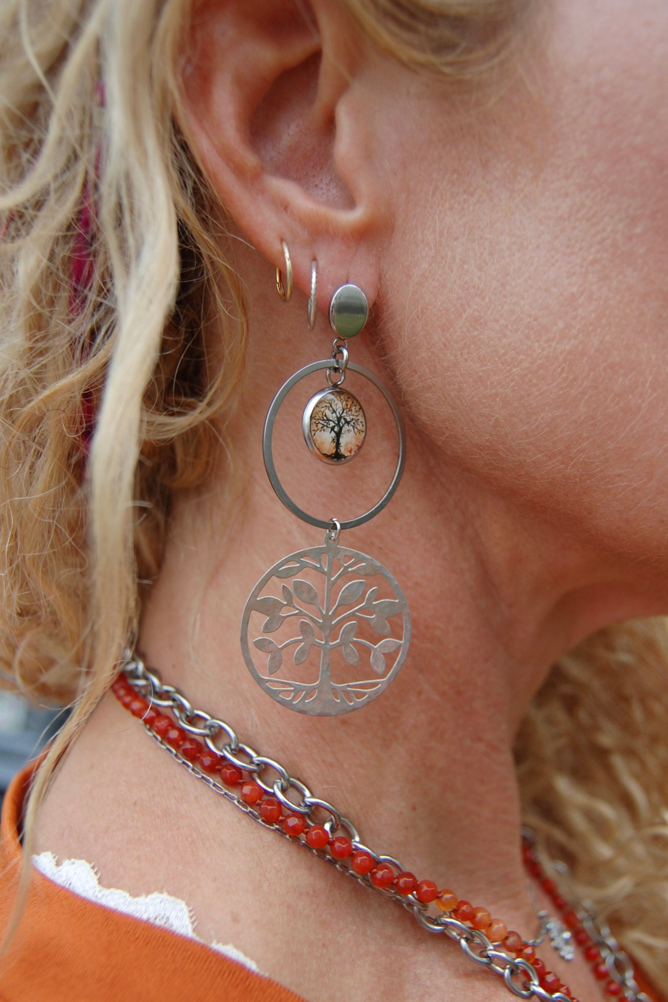 Spirit Lala: Orange Tree Double Circle Charm Drop Earrings