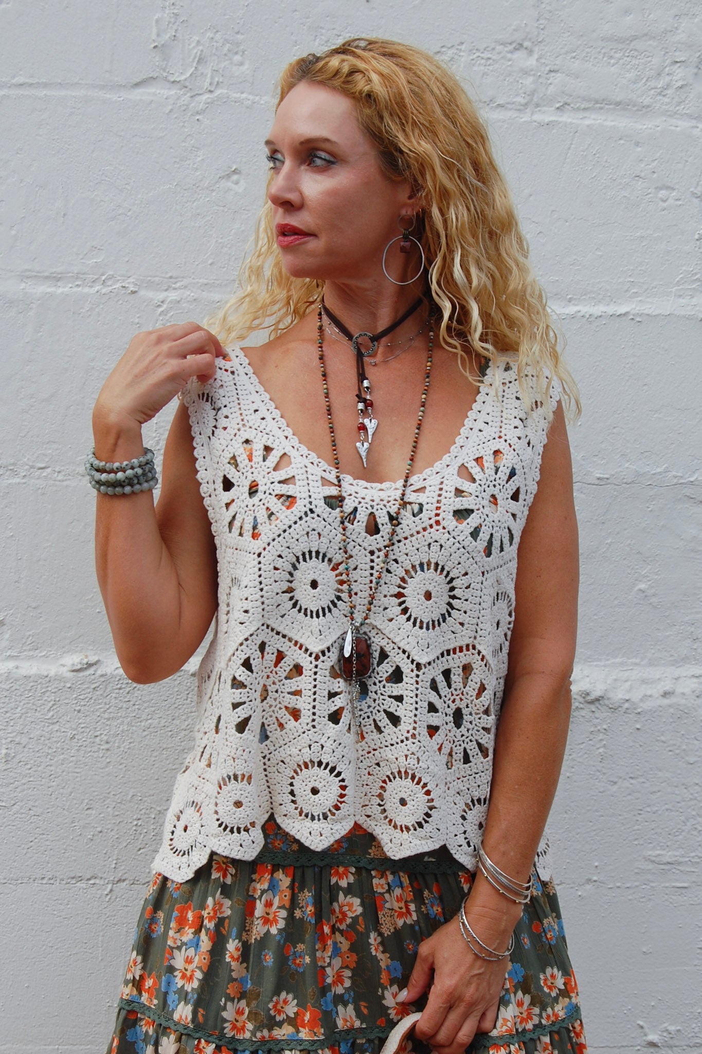 The Gaia Geo Crochet Tank in Beige