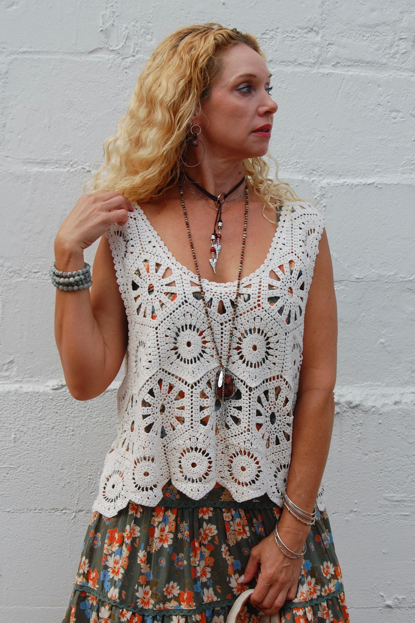 The Gaia Geo Crochet Tank in Beige