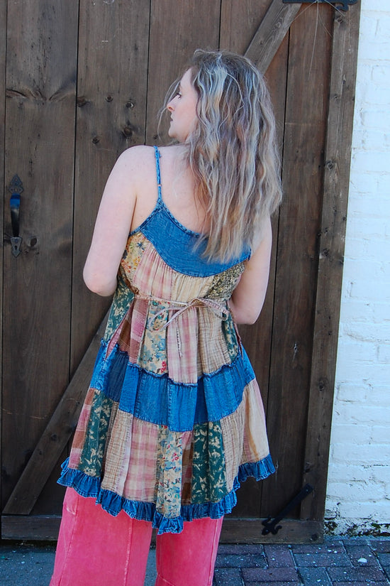 Load image into Gallery viewer, Patchwork Babydoll Dress in Demin
