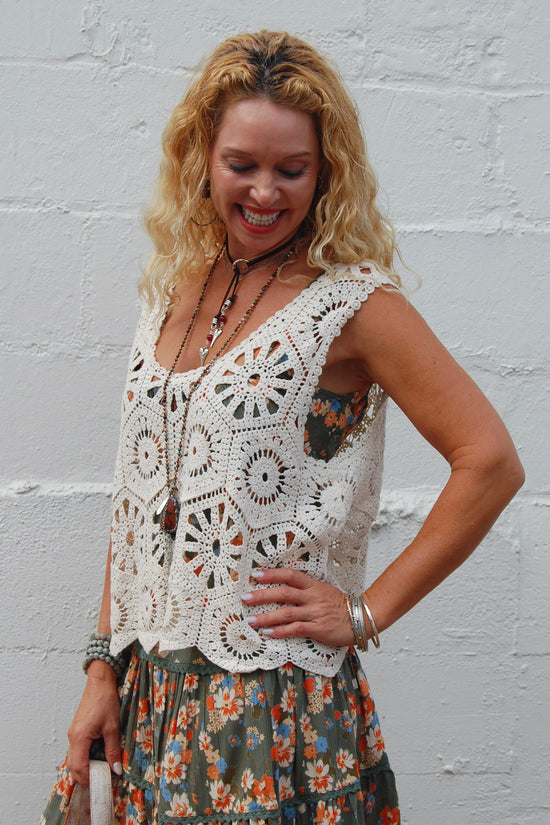 The Gaia Geo Crochet Tank in Beige