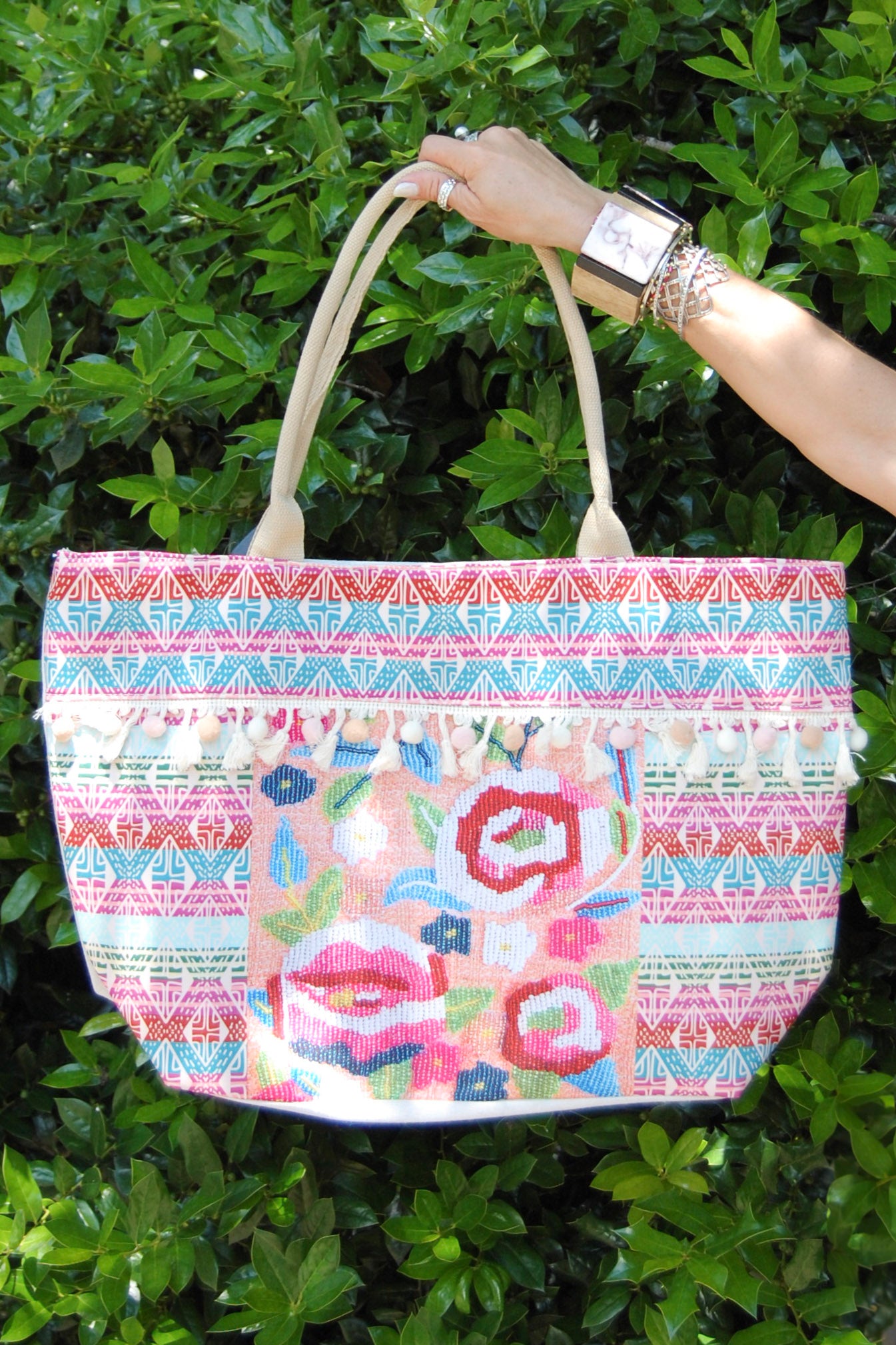 Floral Pom Pom Tote Bag in Multi