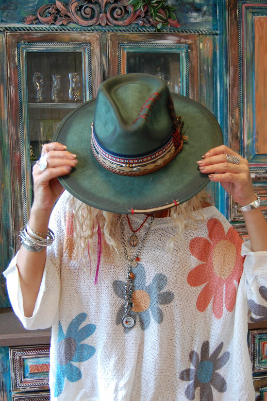 Cochella Cowgirl Brim Hat in Hunter Green