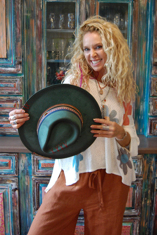 Cochella Cowgirl Brim Hat in Hunter Green