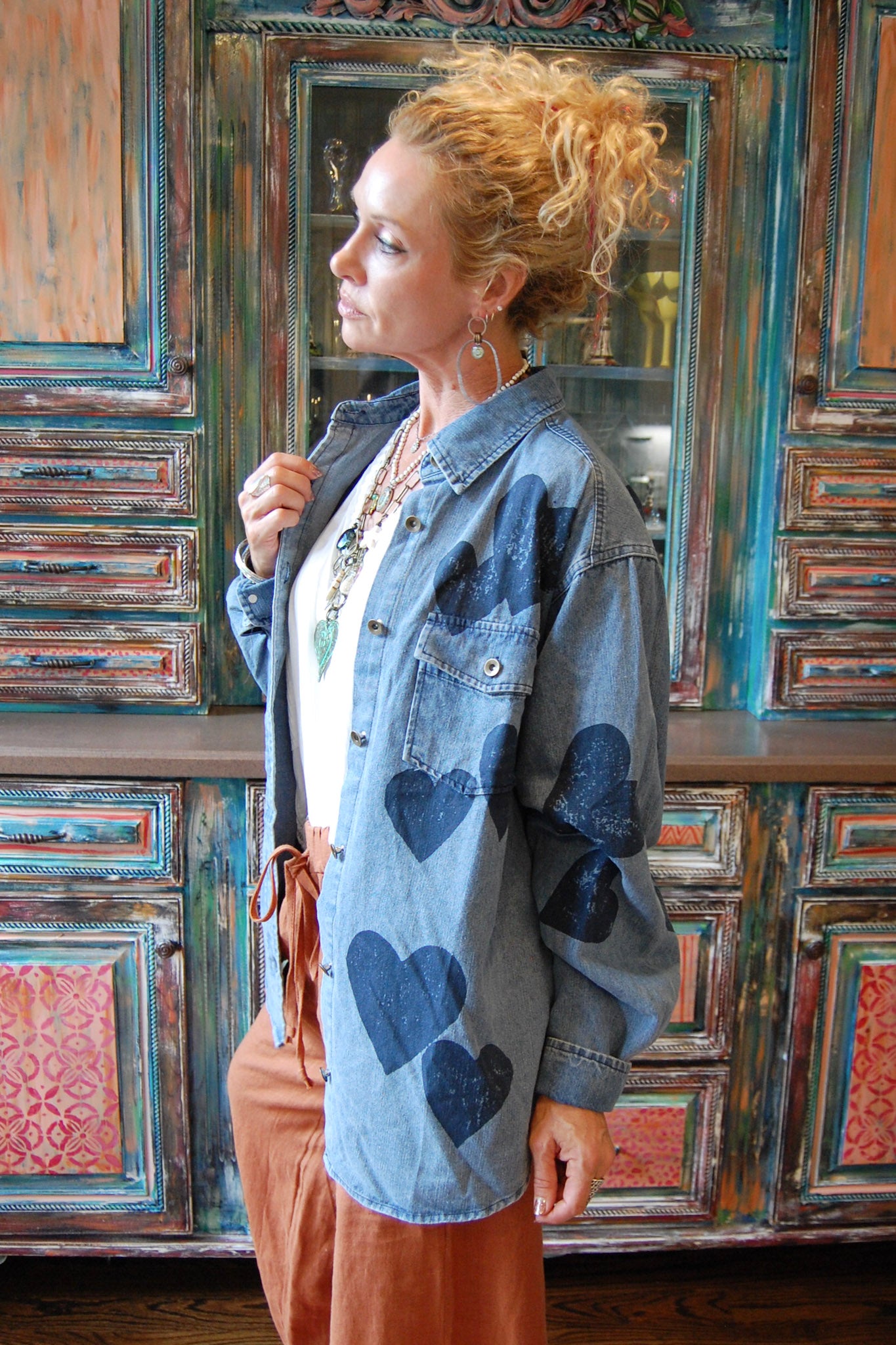 The Vicki Heart Button Up Jacket in Denim