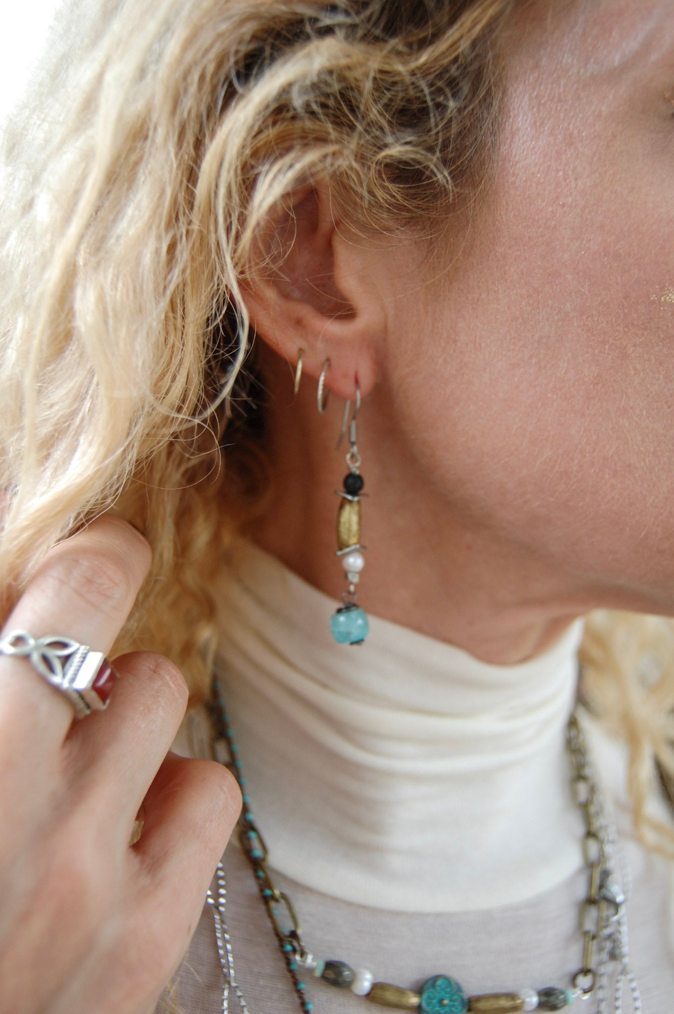 Spirit Lala Vintage Coin: Turquoise Beaded Gem Brass Drop Earrings