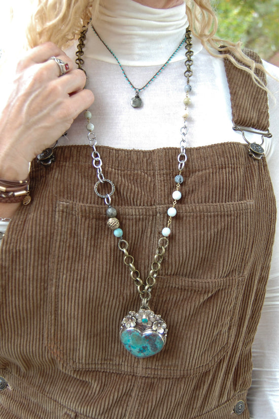 Spirit Lala Vintage Coin: Statement Long Soldered Gemstone Pendant Necklace in Turquoise Heart