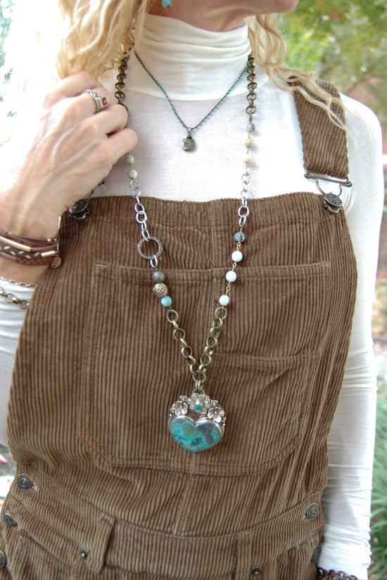 Spirit Lala Vintage Coin: Statement Long Soldered Gemstone Pendant Necklace in Turquoise Heart