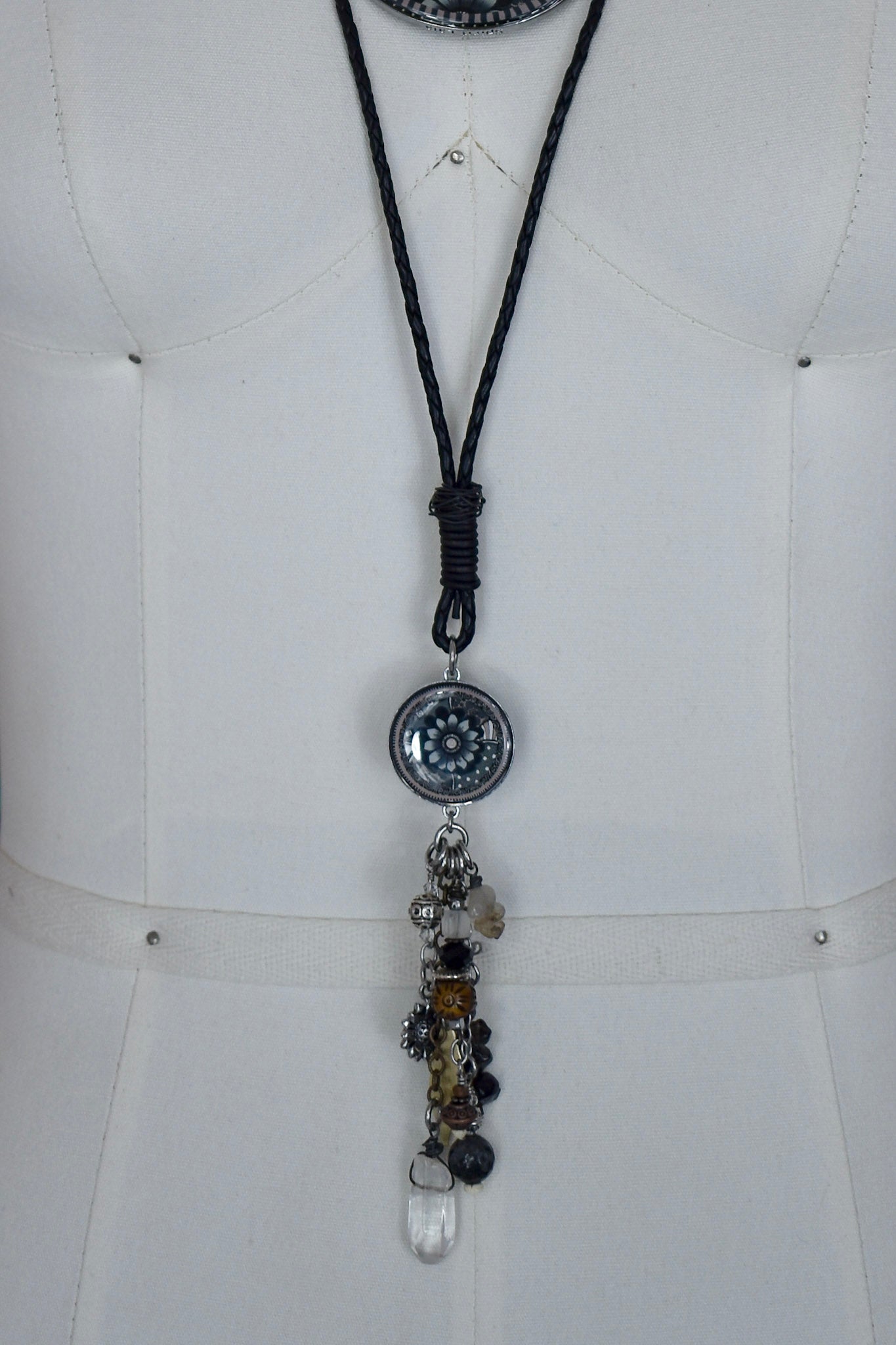 Load image into Gallery viewer, Grey &amp;amp; Black Flower Leather Drop Necklace - SpiritedBoutiques Boho Hippie Boutique Style Necklace, Spirit Lala
