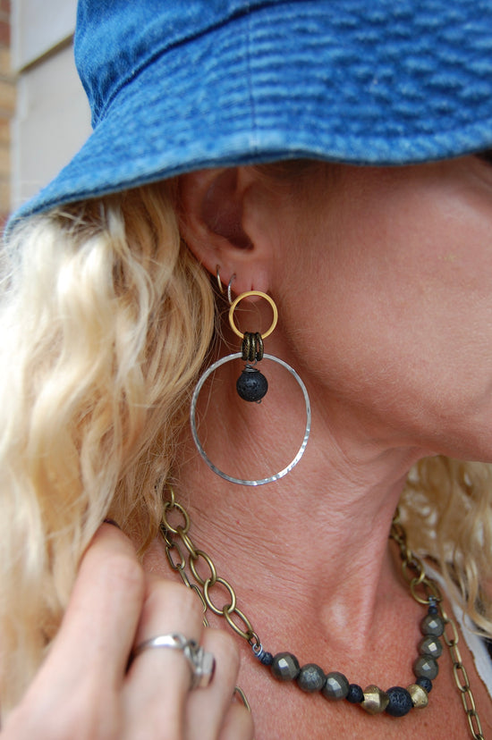 Spirit Lala Boho: 2 Circle Gold & Silver Earrings in Lava Stone