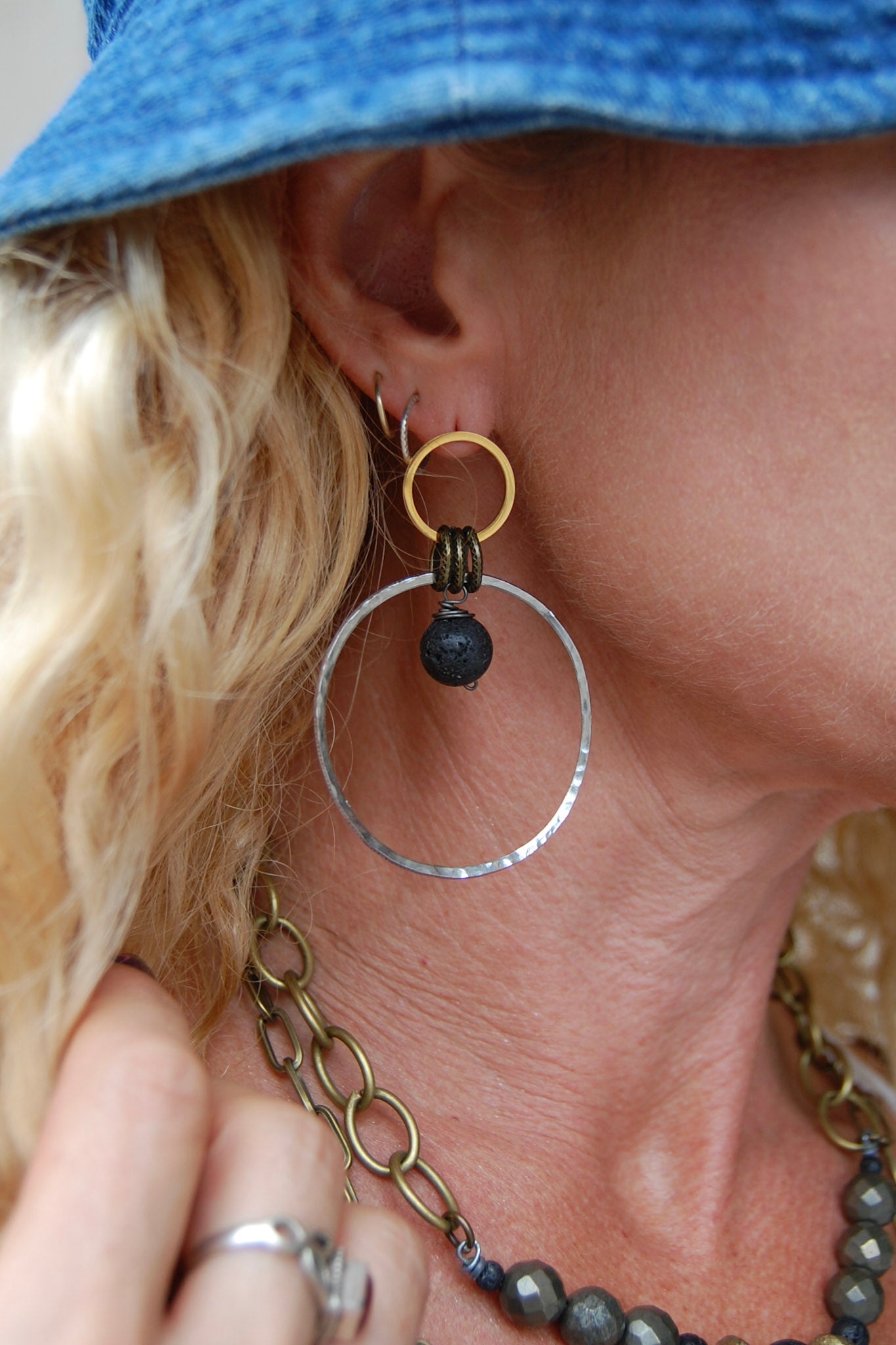 Spirit Lala Boho: 2 Circle Gold & Silver Earrings in Lava Stone