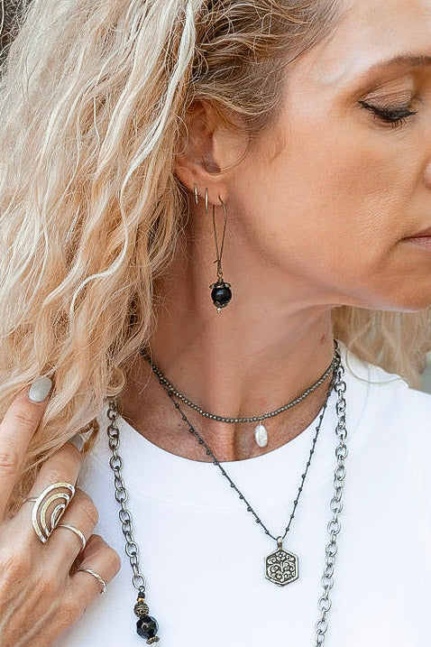 Simple Beaded Gemstone Earrings in Black - SpiritedBoutiques Boho Hippie Boutique Style Earrings, Spirit Lala Zen
