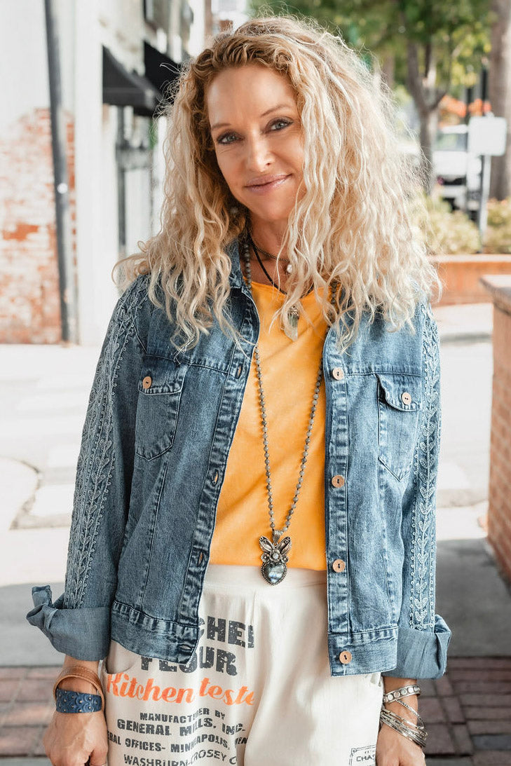 Load image into Gallery viewer, The Clover Denim Jacket in Blue - SpiritedBoutiques Boho Hippie Boutique Style Jacket, Young Threads
