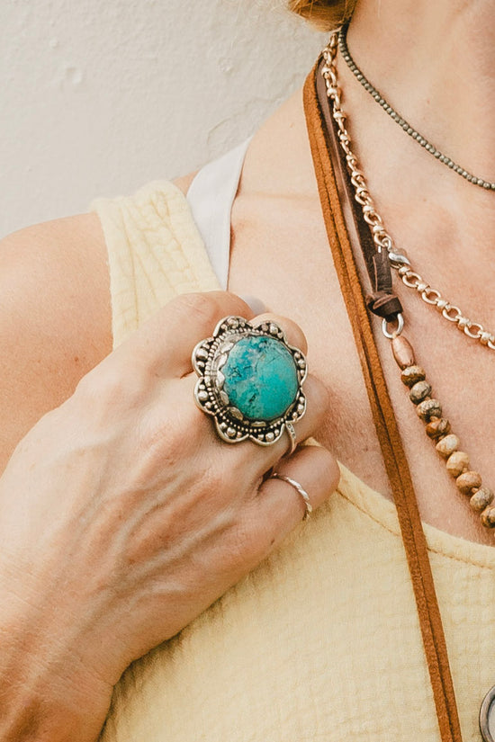 The Turquoise Flower Bomb Ring - SpiritedBoutiques Boho Hippie Boutique Style Ring, Dorjee Design Inc.