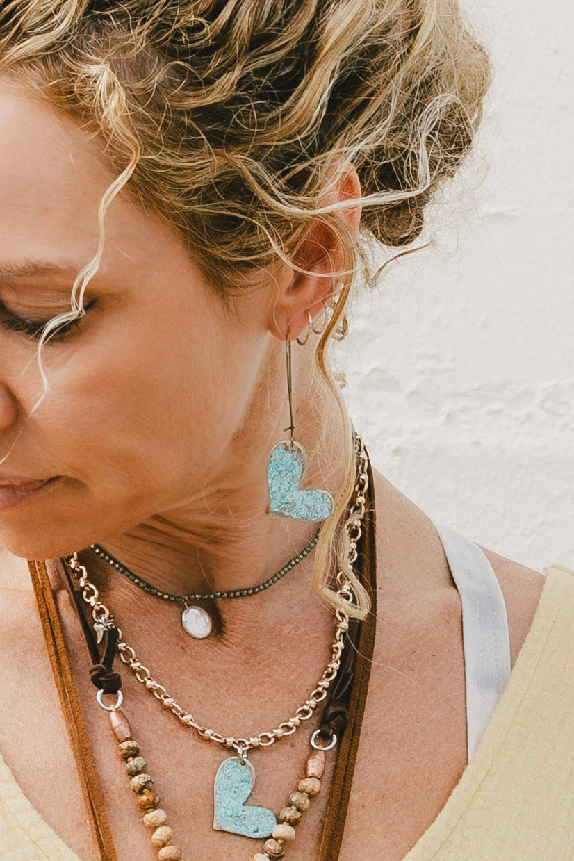 Patina Turquoise Heart Earrings - SpiritedBoutiques Boho Hippie Boutique Style Earrings, Spirit Lala Zen