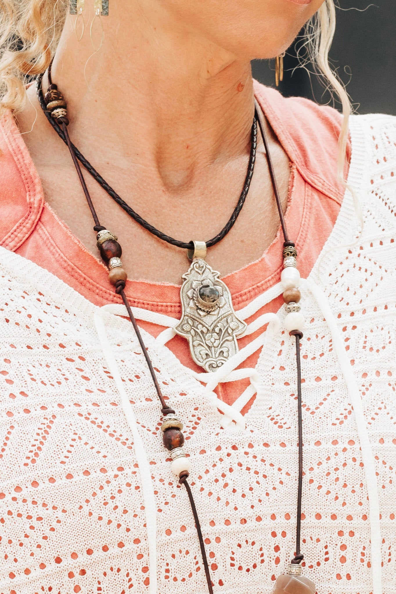 Labradorite Braided Hamsa Necklace - SpiritedBoutiques Boho Hippie Boutique Style Necklace, Spirit La La vintage coin
