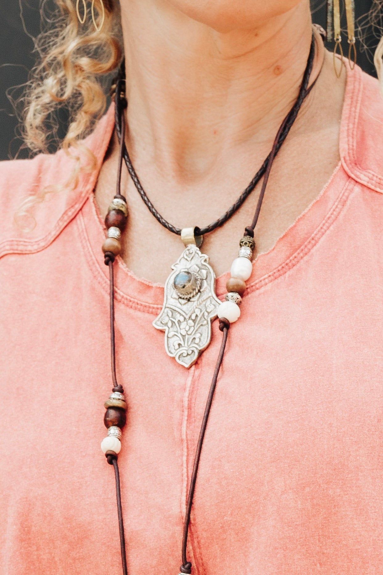 Labradorite Braided Hamsa Necklace - SpiritedBoutiques Boho Hippie Boutique Style Necklace, Spirit La La vintage coin