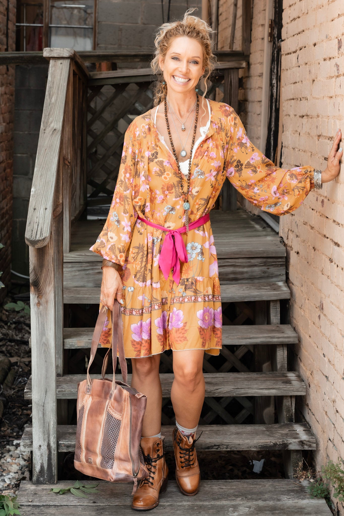 Zoe Dress in Mustard Floral - SpiritedBoutiques Boho Hippie Boutique Style Dress, Aratta