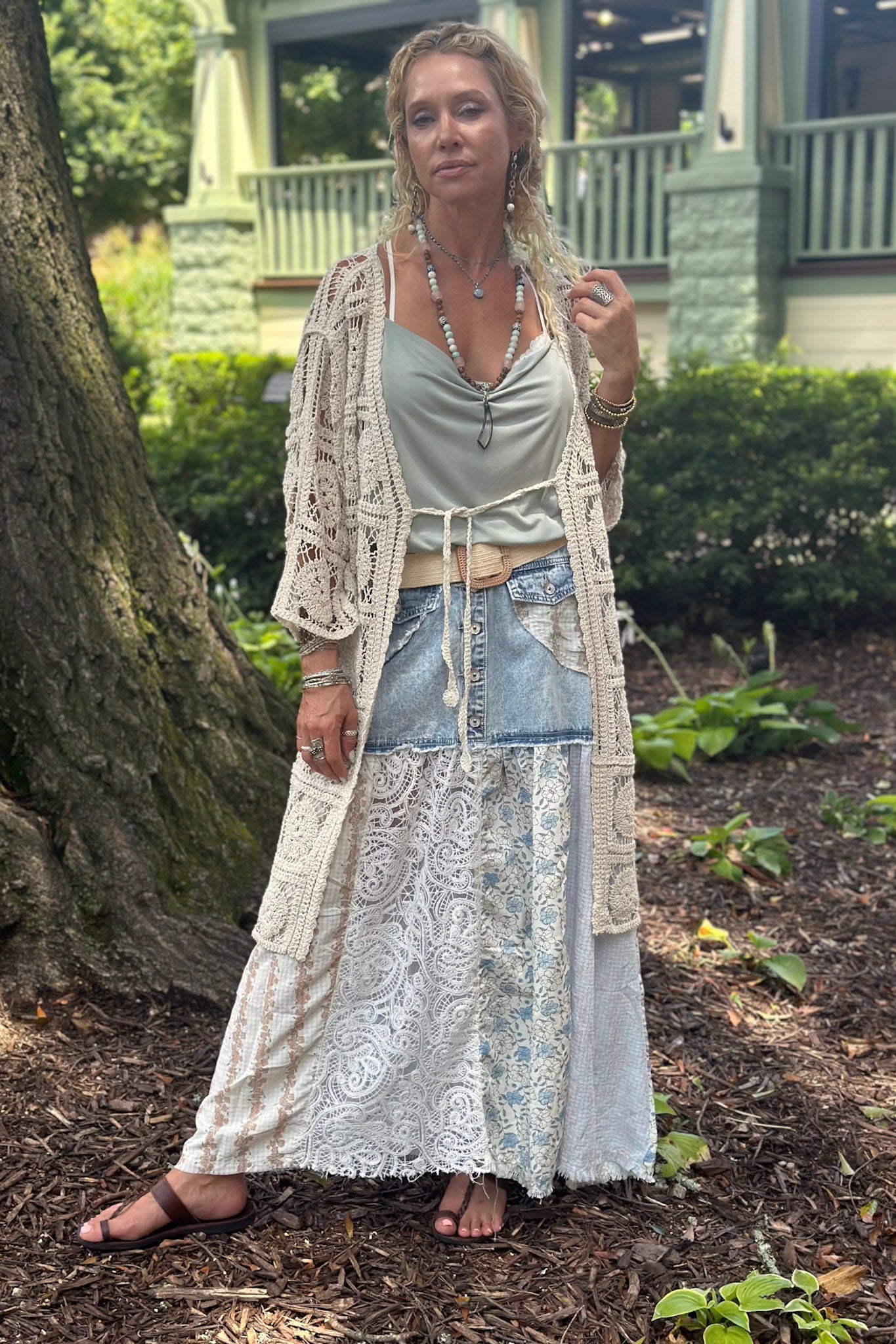Crochet Block Cardigan in Beige