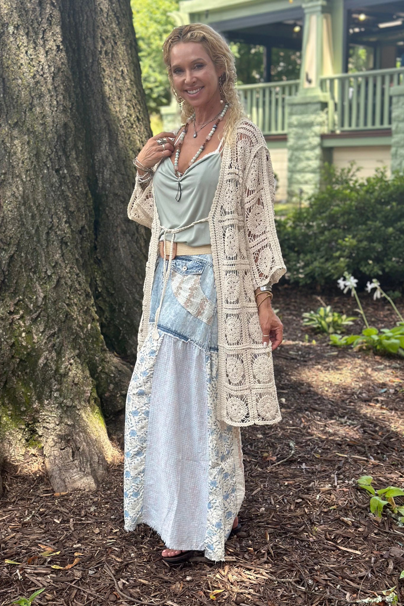 Crochet Block Cardigan in Beige