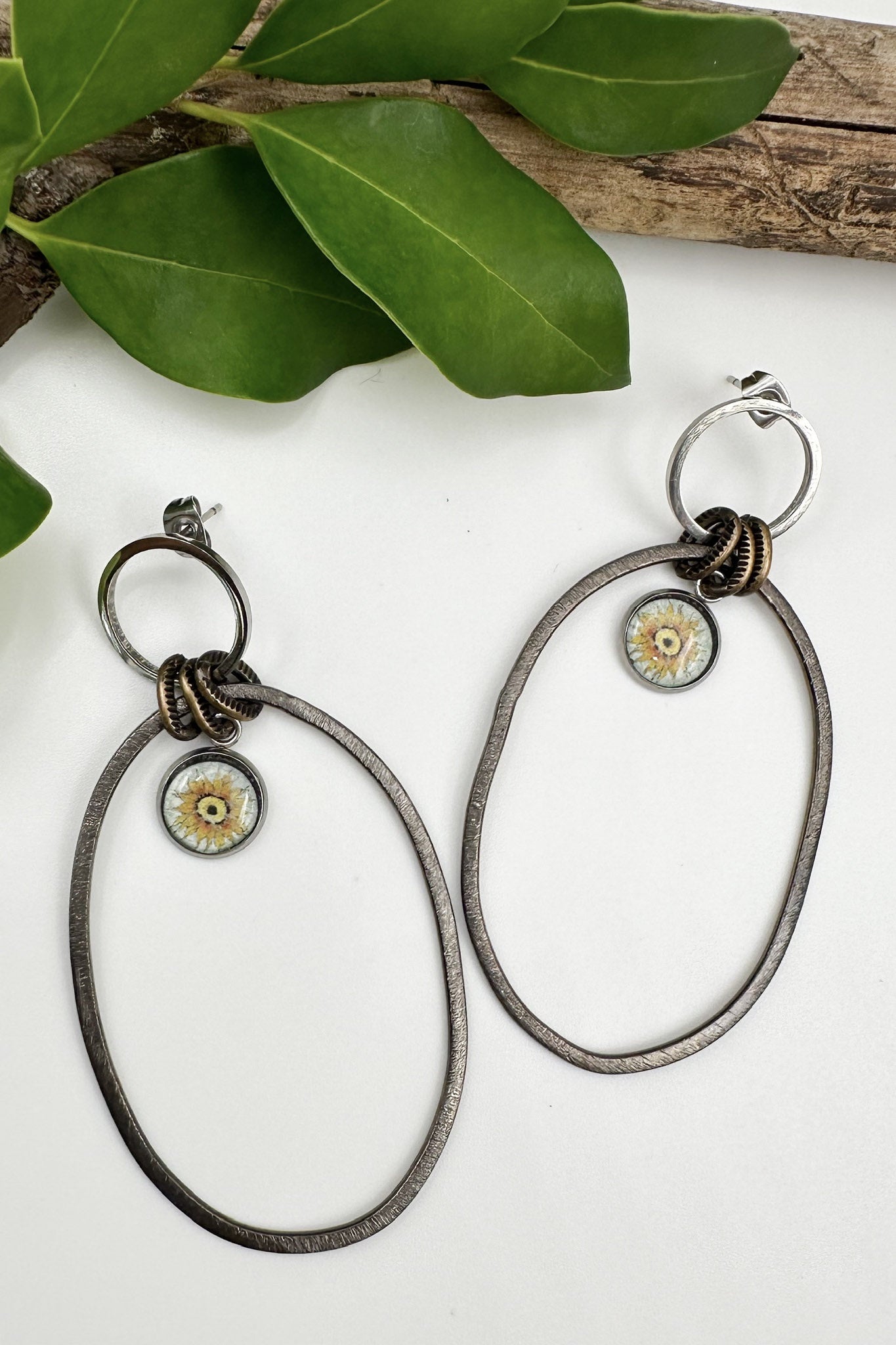 Spirit Lala: Small Art Green Sunflower Double Circle Earrings