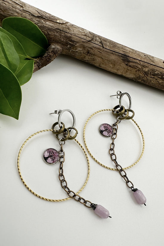 Spirit Lala: Small Art Pink Tree 2 Circle Silver & Gold Chain Drop Earrings