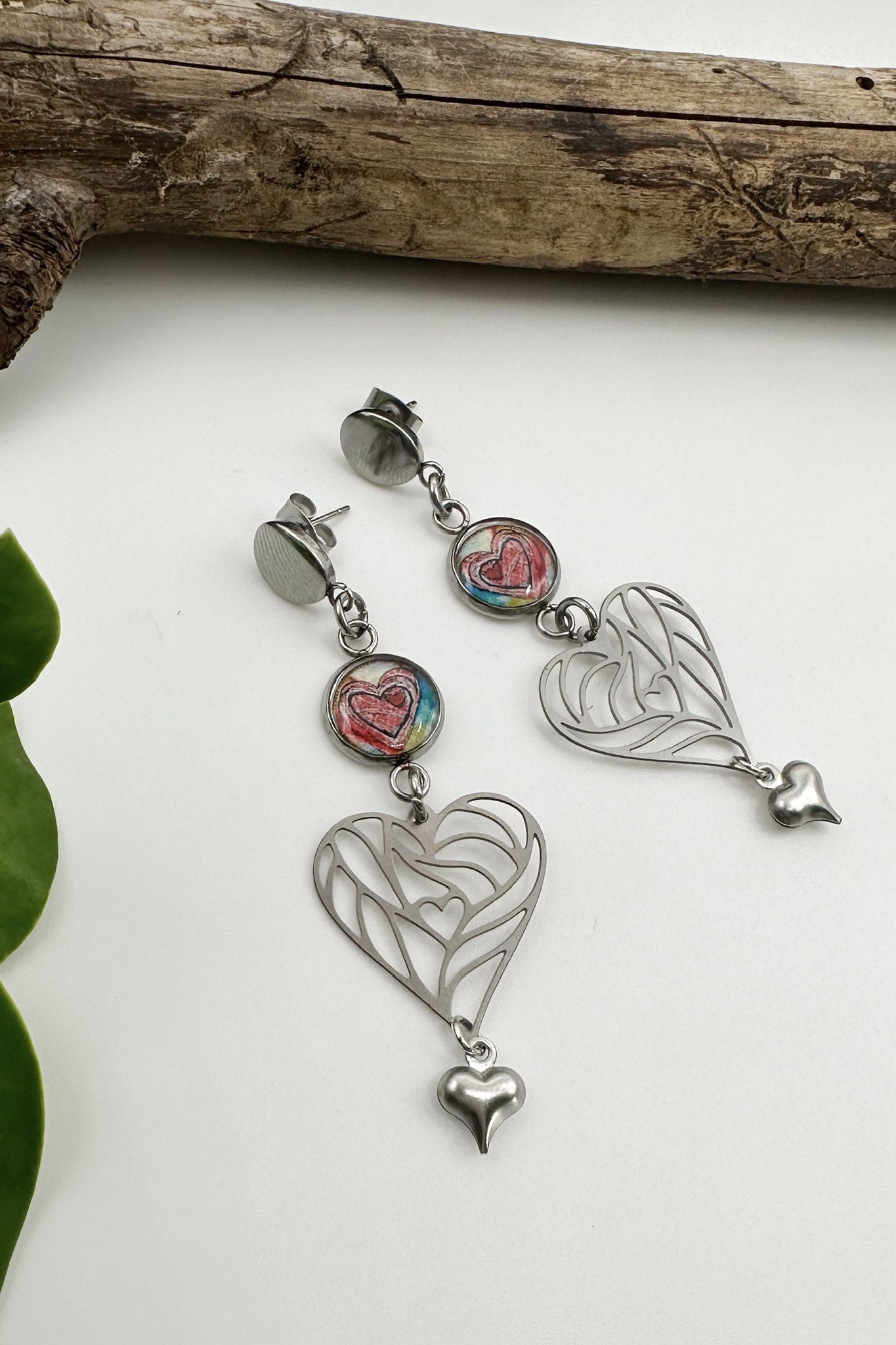 Spirit Lala: Abstract & Silver Heart Drop Earrings