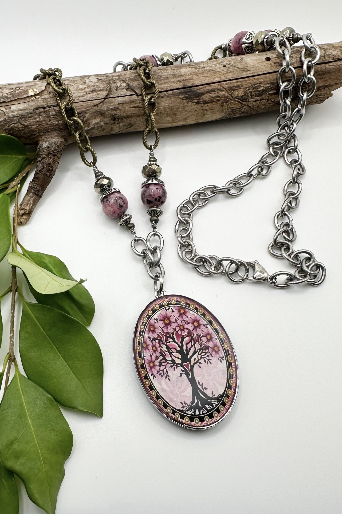 Spirit Lala: Pink Tree Large Oval Pendant Gemstone Necklace