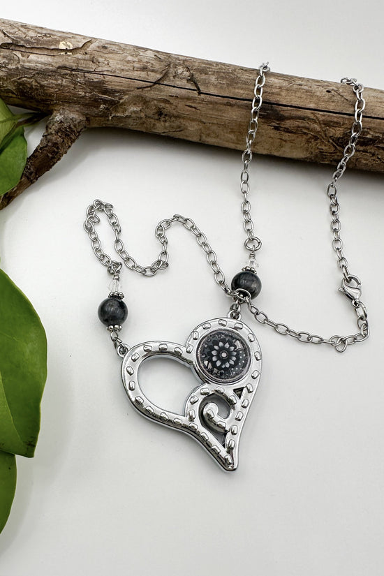 Spirit Lala: Grey Flower Abstract Heart Pendant Necklace