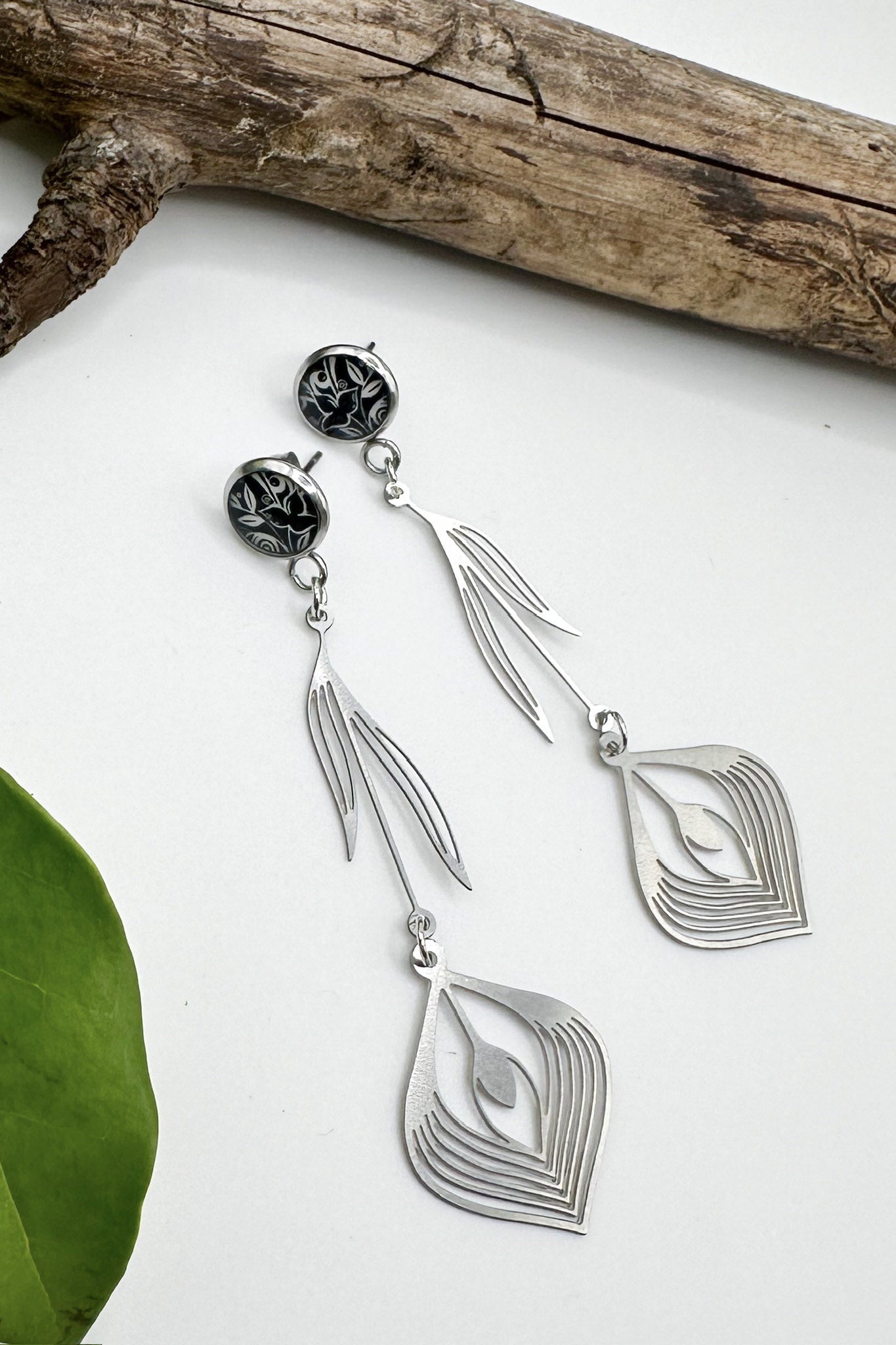 Spirit Lala: Abstract Black Flower Feather Drop Earrings