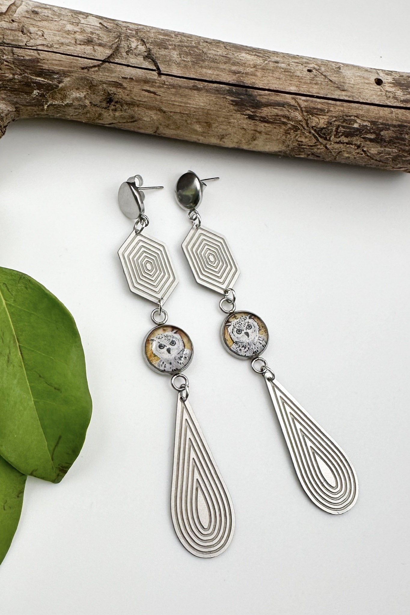 Spirit Lala: Owl Geo Teardrop Charm Drop Earrings