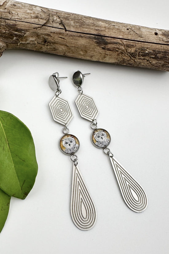 Spirit Lala: Owl Geo Teardrop Charm Drop Earrings