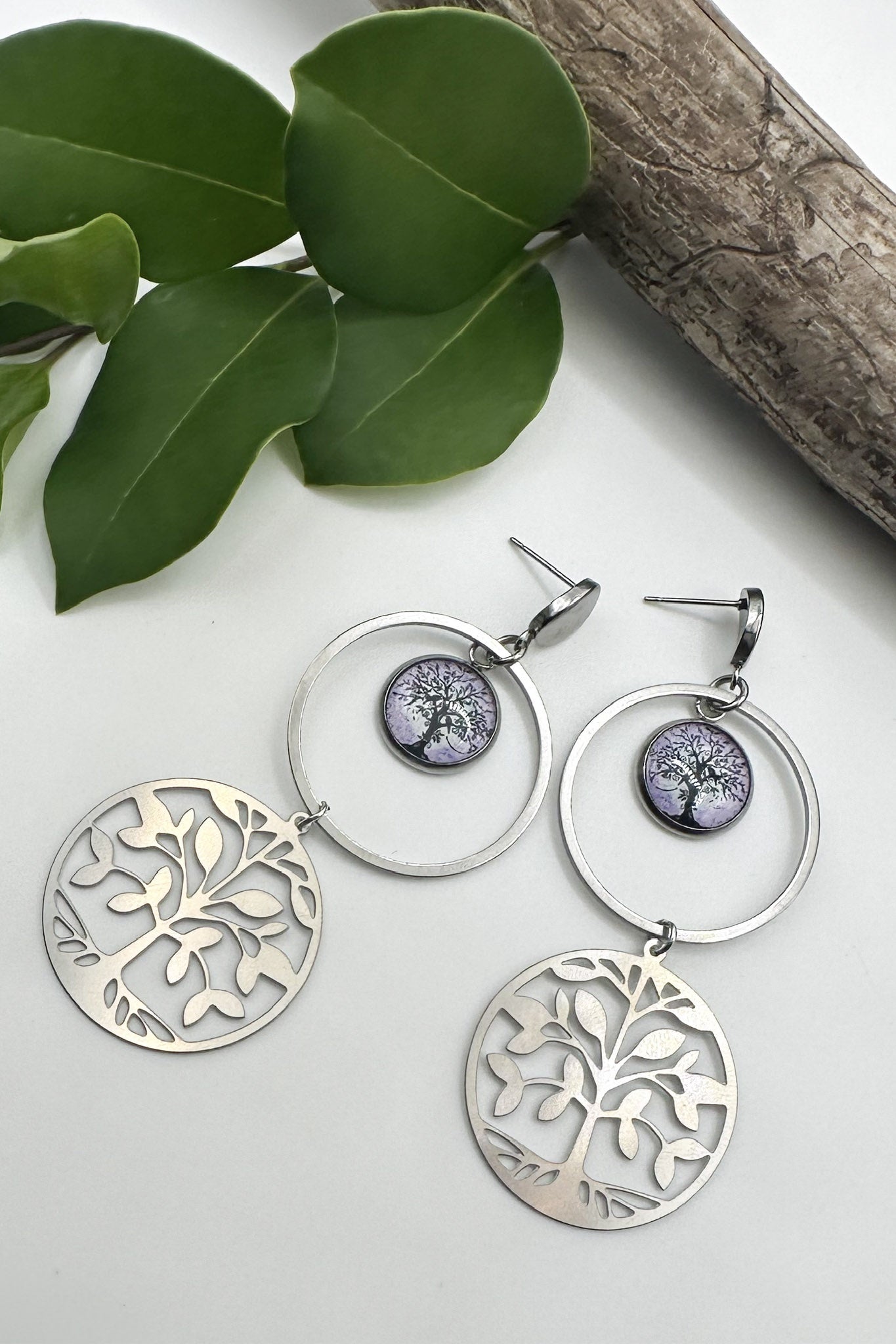 Spirit Lala: Purple Tree Double Circle Charm Drop Earrings