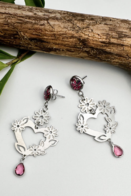 Spirit Lala: Pink Flower Heart Charm Drop Earrings