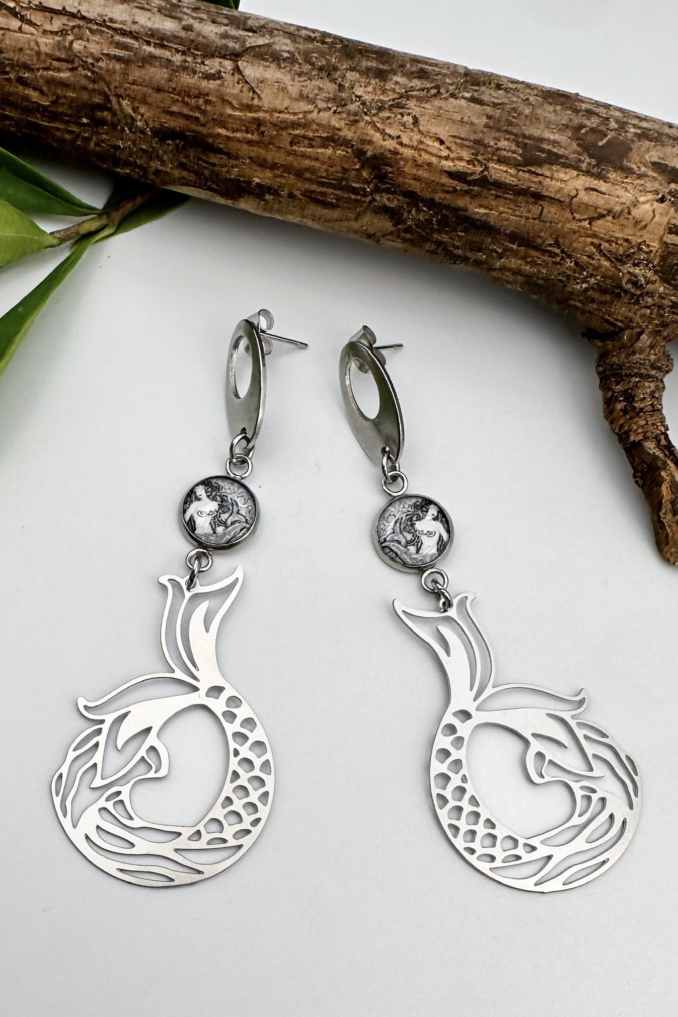 Spirit Lala: Black Mermaid Silver Charm Drop Earrings