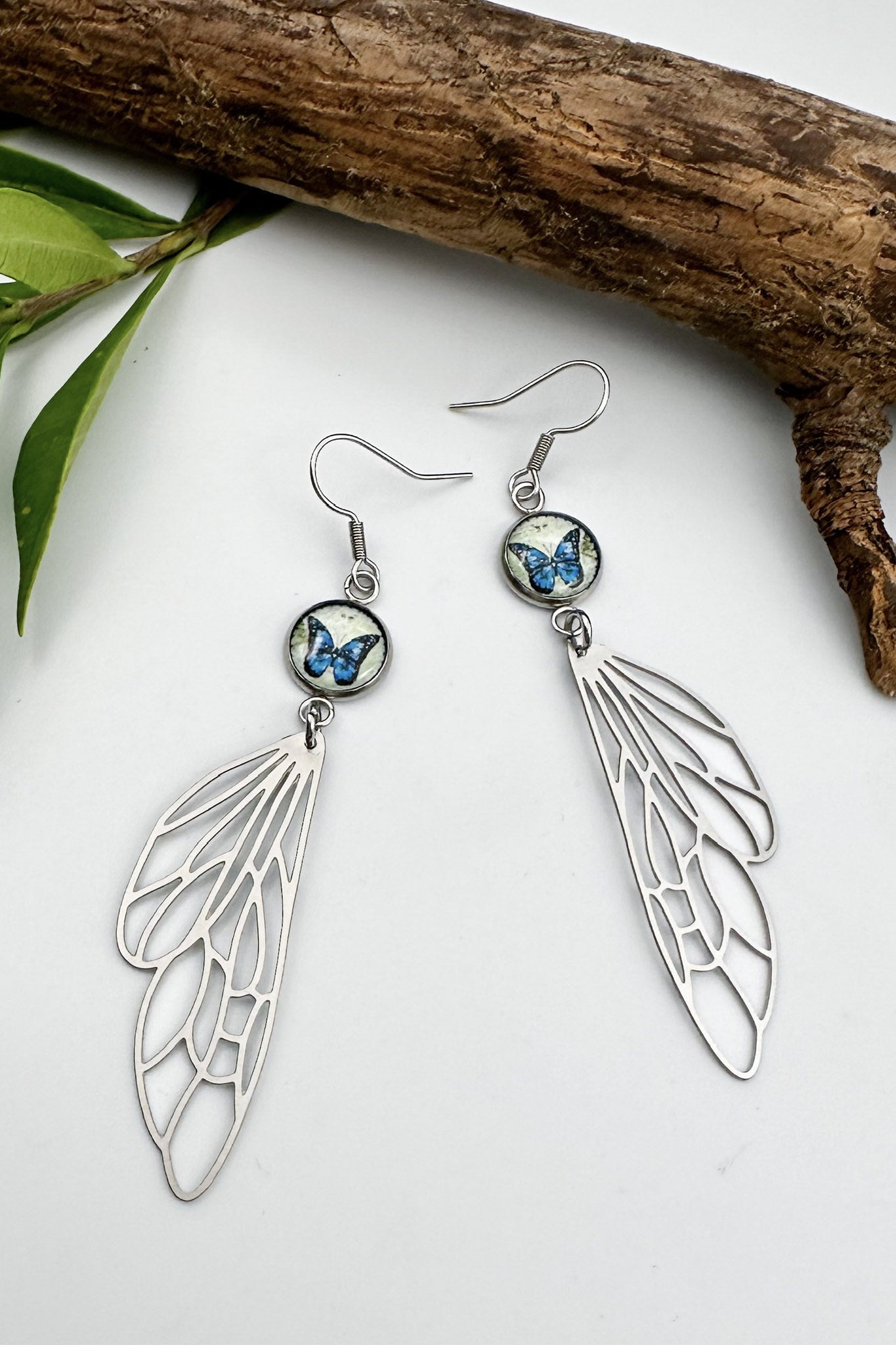 Blue Monarch Butterfly Wing Silver Charm Drop Earrings