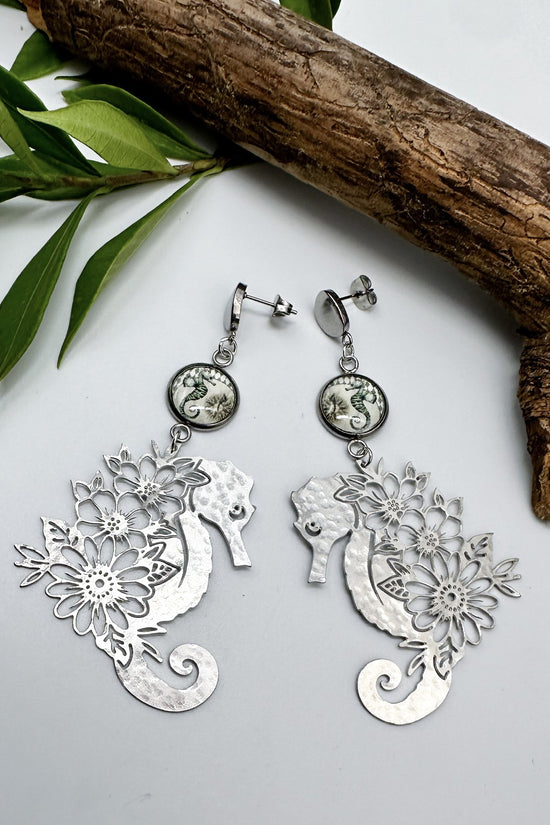 Green Seahorse Charm Drop Earrings