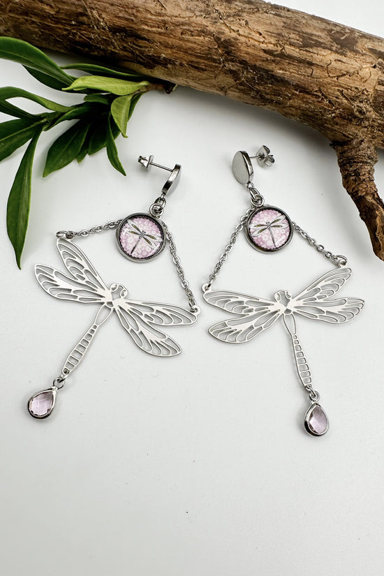 Spirit Lala: Pink Dragonfly Chain & Chain Drop Earrings