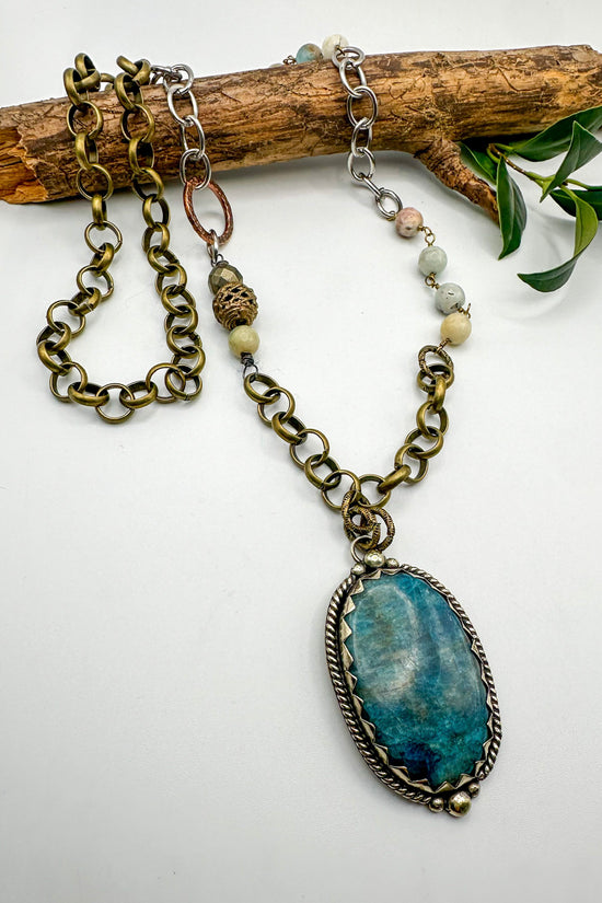 Spirit Lala Vintage Coin: Statement Long Soldered Gemstone Pendant Necklace in Blue Jade